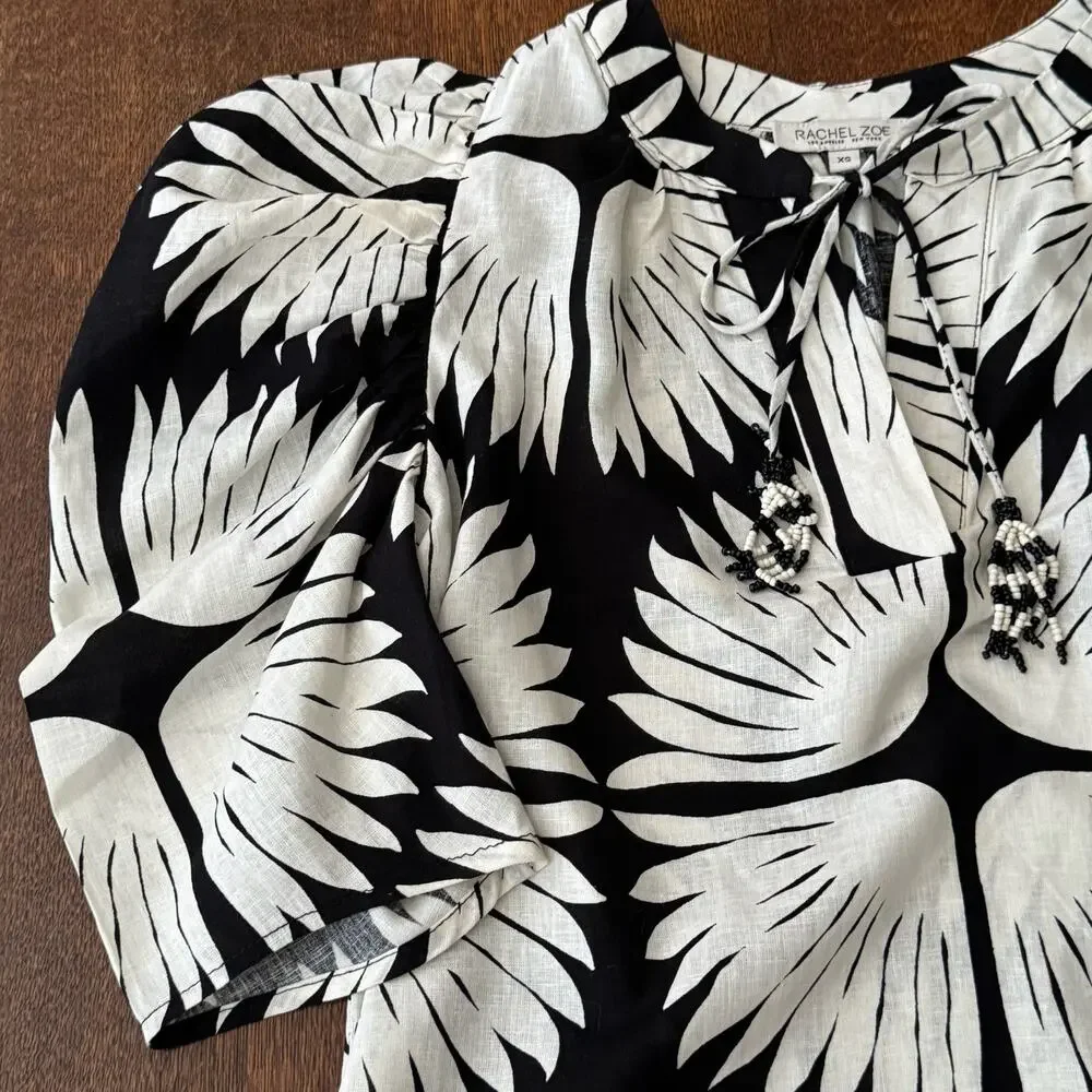 Rachel Zoe Black White Linen Blend Puff Sleeve Boho Blouse Top Womens Sz XS NWOT